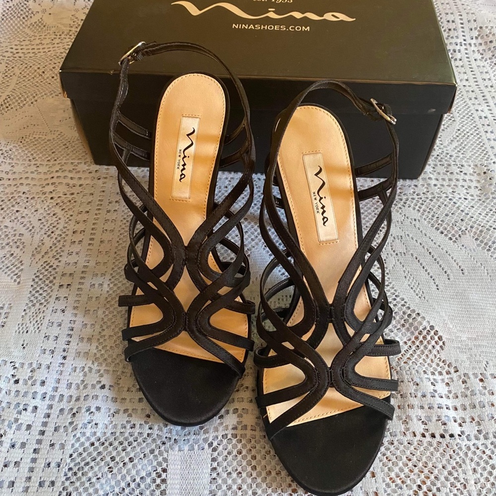 Nina Women Raisa Evening Dress HighHeel Sandal Shoe BlackLuster Summer 8.5 w/box